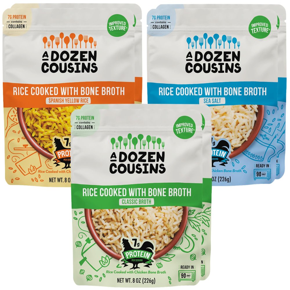 A Dozen Cousins Bone Broth Rice Variety 6pk, Ready to Eat Seasoned High Protein Rice, Clean Ingredients, Sea Salt, Classic, Spanish, Easy Side Dish, Halal, Chicken Bone Broth, Gluten Free, 8oz Packets