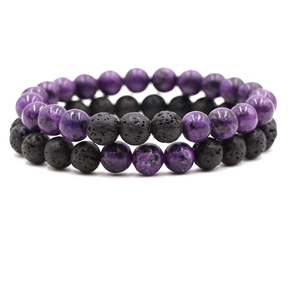 2Pcs Matte Lava Rock Volcanic Stone Beads Stretch Bracelet Stacking Essential Oil Diffuser Tiger Eye Seed Bracelet for Men Women Couple Stress Relief Aromatherapy Jewelry-B purple