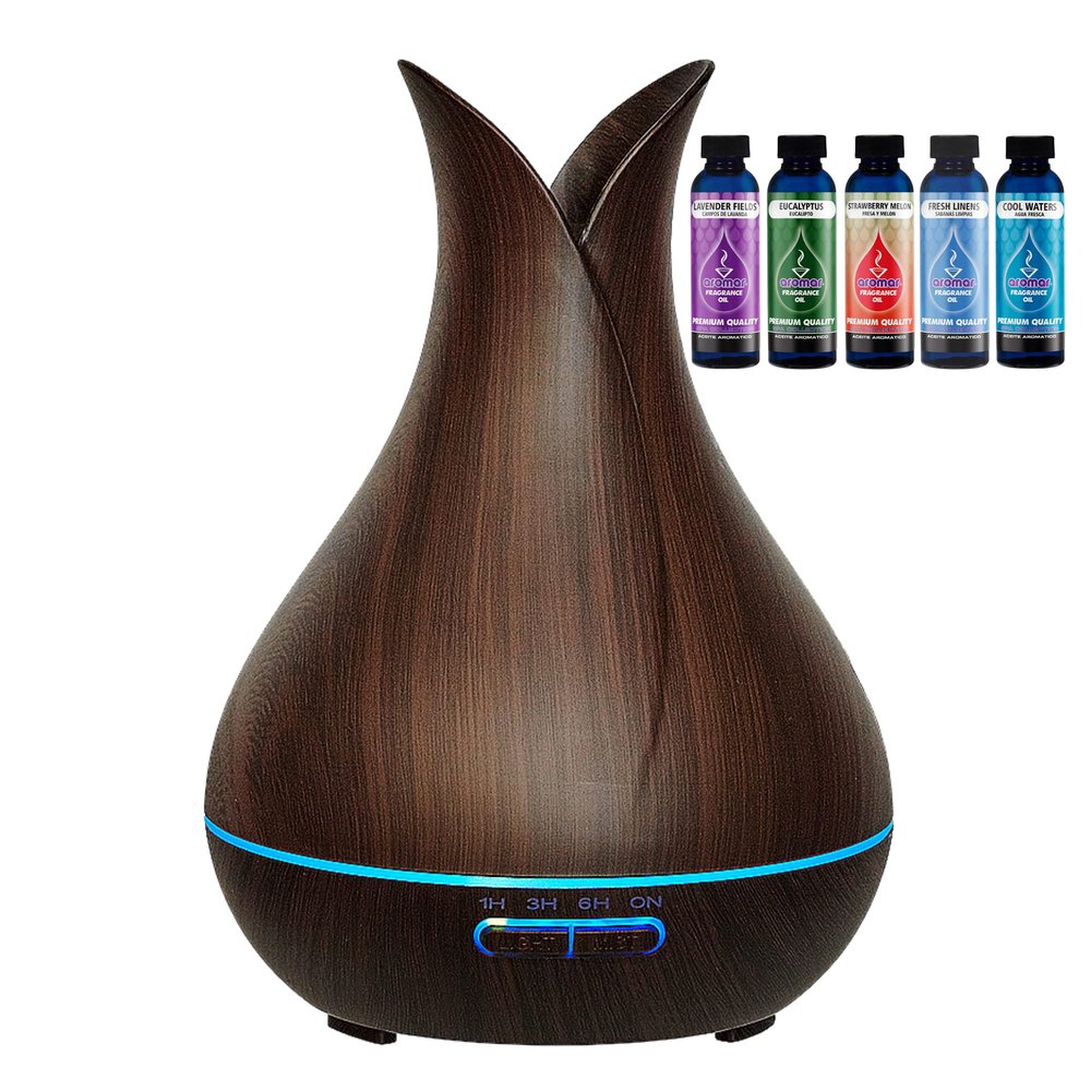 AROMAR Ultrasonic Oil Diffuser and Cool Mist Humidifier with 5 top Aromatic Oils for Aromatherapy Essential Oils, with 7 LED Colors and Auto Shut-Off for Home and Office, Large Capacity 400ml