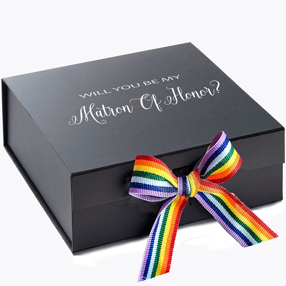 Wedding Goodies Will You Be My Matron of Honor? Proposal Box black - No Border - Rainbow Ribbon Large/White