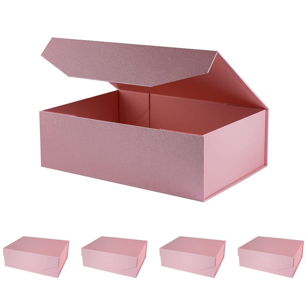 OBMMIRAO Upgrade 5Pcs Pink 13x9x4 Inch Hard Large Gift Box with Lid, Foldable Magnetic Gift Boxes,Groomsman Box Bridesmaid Proposal Box, Reusable Gift Boxes for Clothes