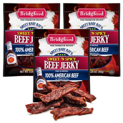 Bridgford Sweet Baby Ray's Beef Jerky Sweet N Spicy 3.25 oz Pack of 3 - High Protein Sweetened Spicy Beef Jerky for Your Dietary Preference - Ready-to-Eat Snacks for On-The-Go Snacking