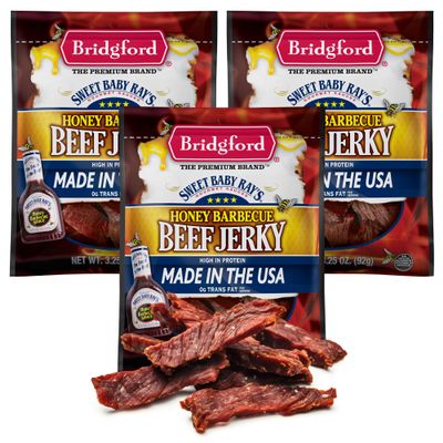 Bridgford Sweet Baby Ray's Beef Jerky Honey BBQ 3.25 oz Pack of 3 - High Protein Jerky for Midday Energy Boost or Post Workout Snack - Naturally Smoked Ready-to-Eat Meat Snacks for on the Go Snacking