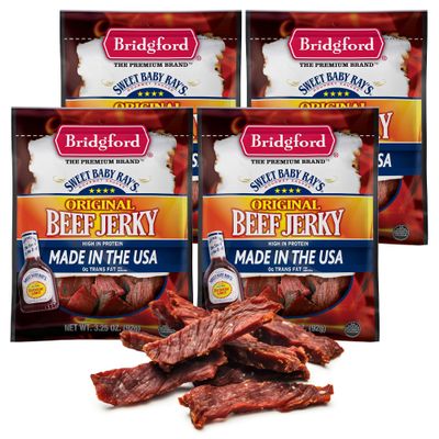 Bridgford Sweet Baby Rays Beef Jerky Original 3.25 oz Pack of 4 - Healthy High Protein Beef Jerky for Your Dietary Preferences - Ready-to-Eat Snacks for On-the-Go Snacking and Busy Lifestyles