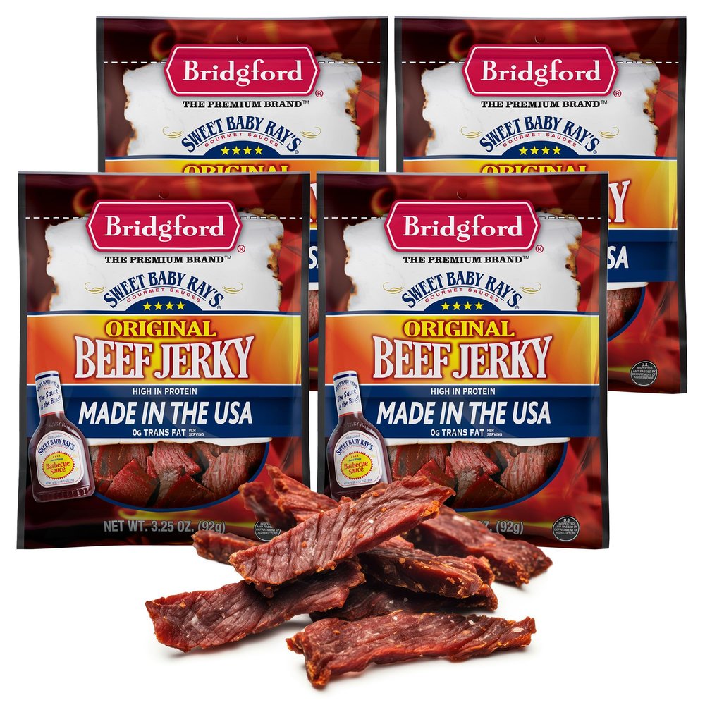 Bridgford Sweet Baby Rays Beef Jerky Original 3.25 oz Pack of 4 - Healthy High Protein Beef Jerky for Your Dietary Preferences - Ready-to-Eat Snacks for On-the-Go Snacking and Busy Lifestyles
