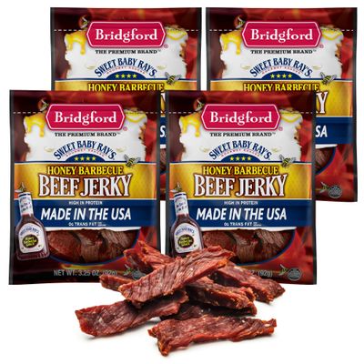 Bridgford Sweet Baby Ray's High Protein Beef Jerky, Low Carb Snack, Low Calorie, Keto Friendly, Honey Barbecue Flavor (3.25 Ounce (Pack of 4))