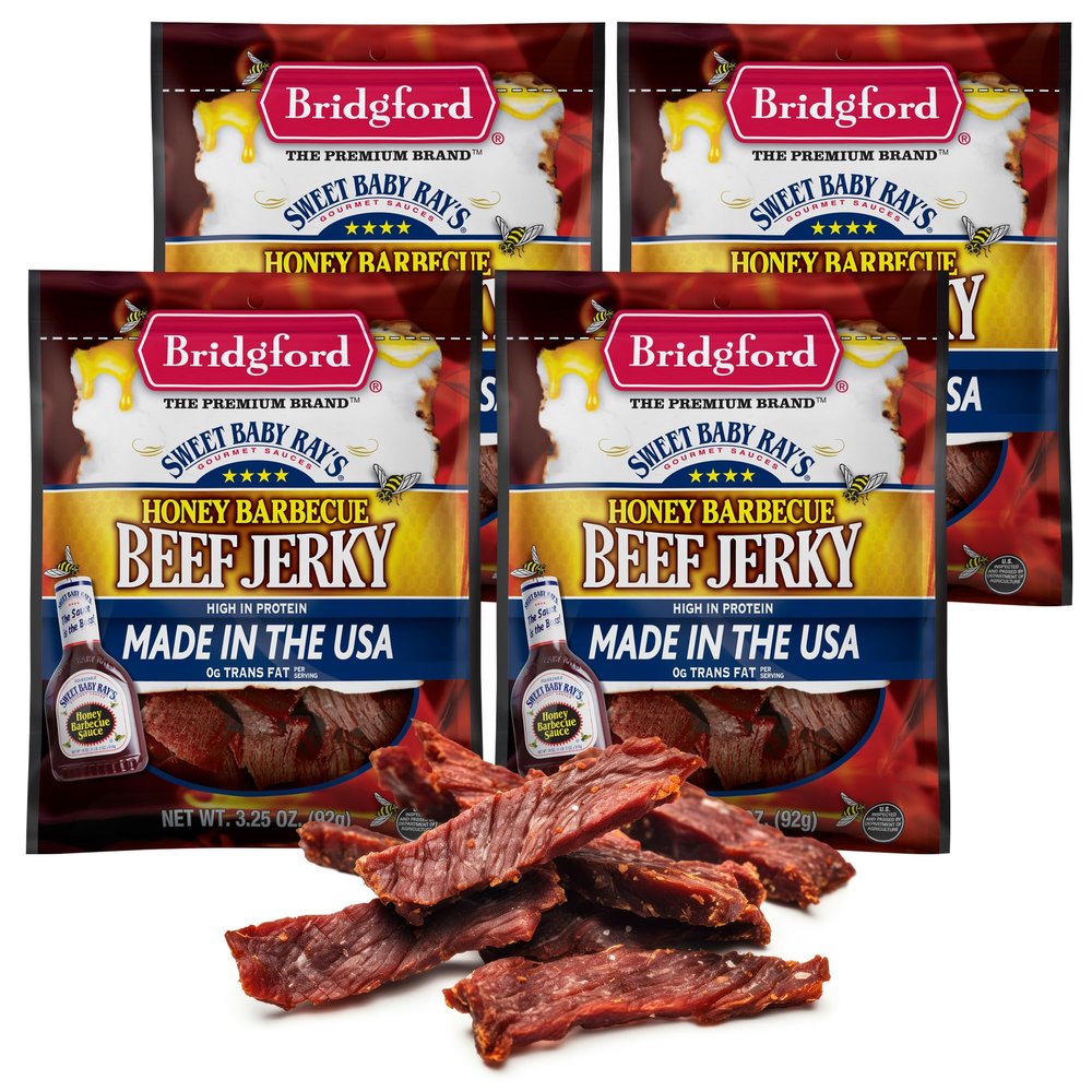 Bridgford Sweet Baby Ray's High Protein Beef Jerky, Low Carb Snack, Low Calorie, Keto Friendly, Honey Barbecue Flavor (3.25 Ounce (Pack of 4))
