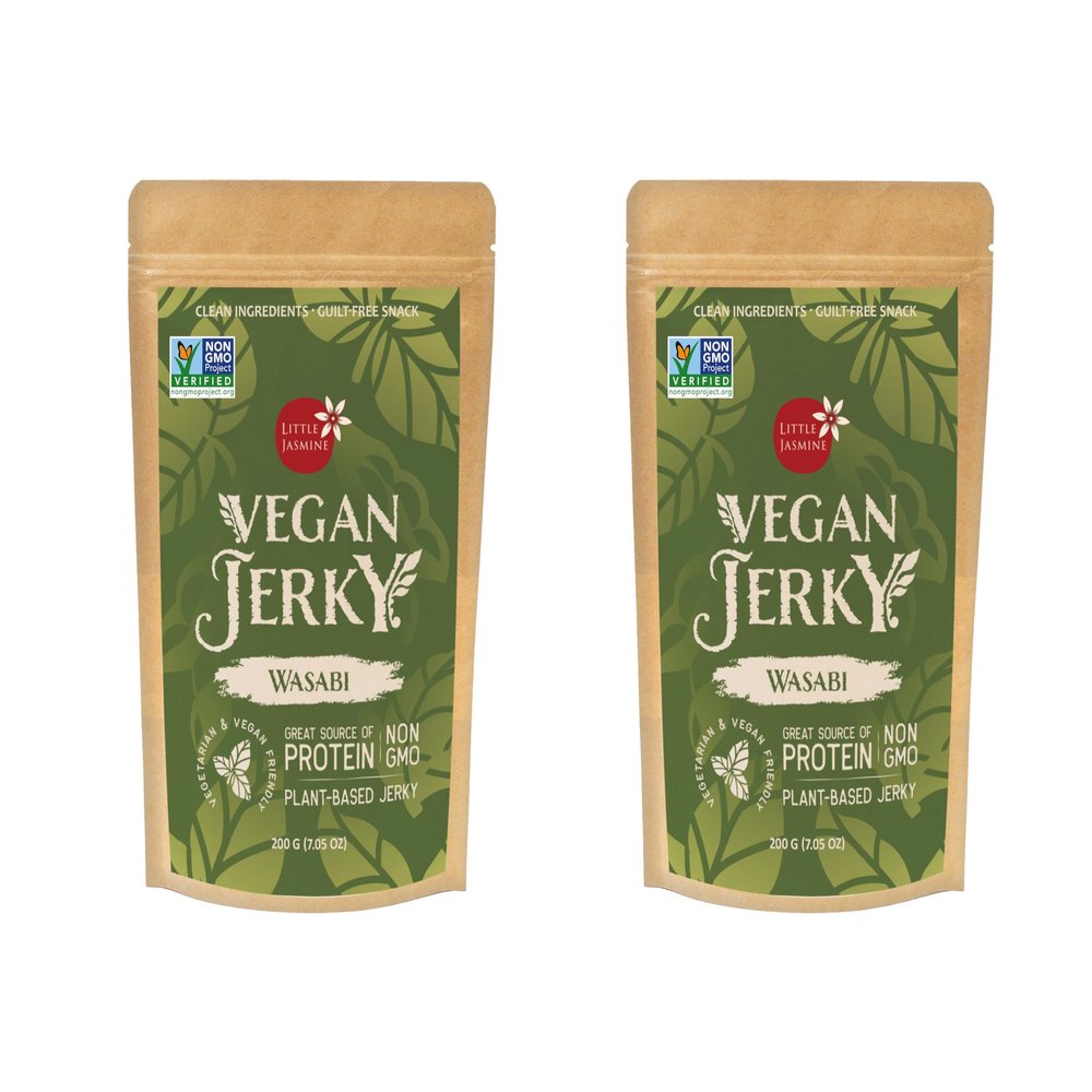 (2 PACK) NON-GMO Little Jasmine Vegan Jerky, Wasabi Flavor, Plant Based Protein, Clean Ingredients, Made in Taiwan, 7.5 oz