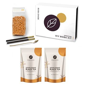 DIY Boba Kit - 2 Bags of Premium Organic Assam Black Tea | 16 oz Boba | 2 Stainless Steel Straws | Make The Perfect Bubble Tea Drink At Home!