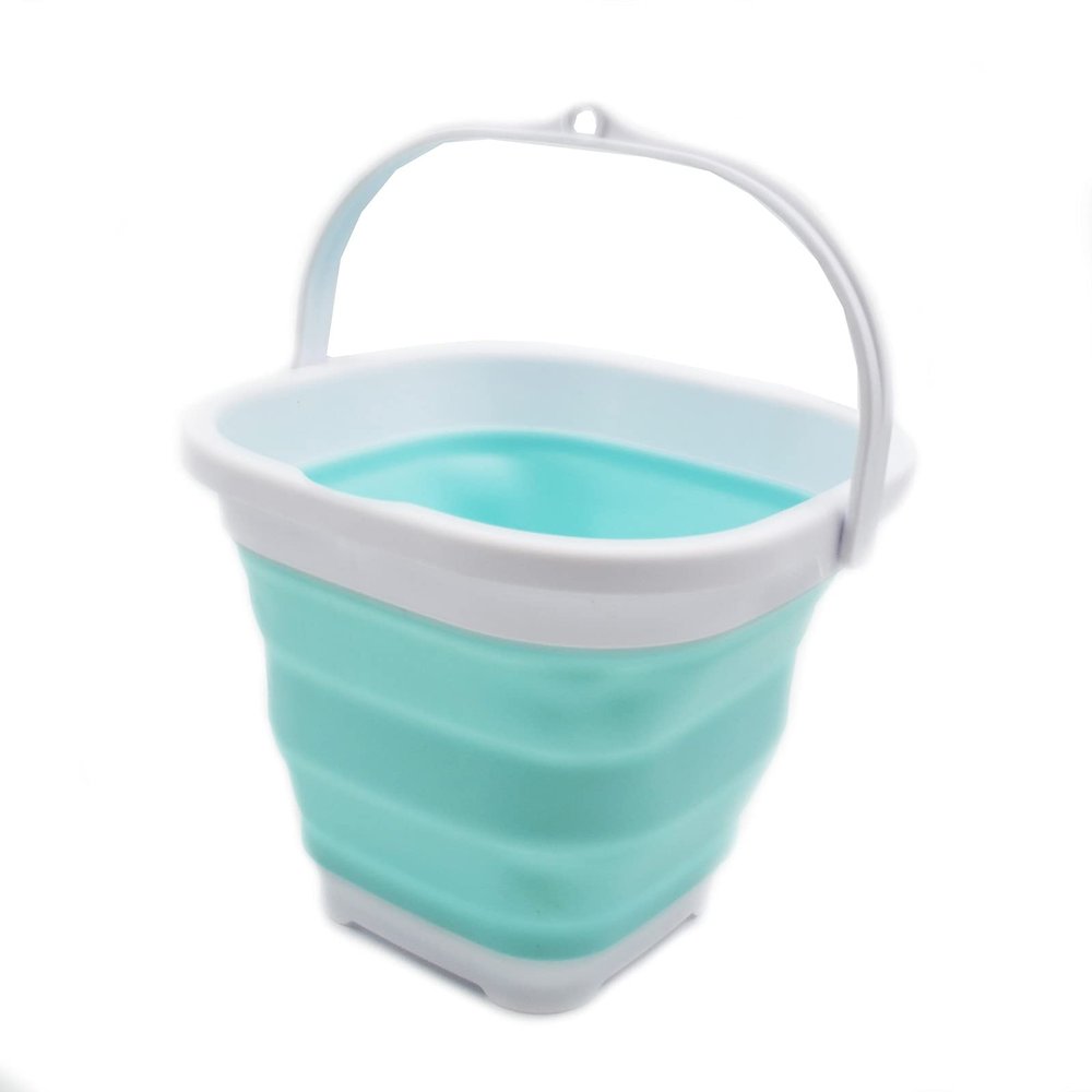 SAMMART 2.6L (0.68 Gallon) Super Mini Sqare Collapsible Plastic Bucket - Foldable Square Tub - Portable Fishing Water Pail - Space Saving Outdoor Waterpot (1, White/Lake Green)