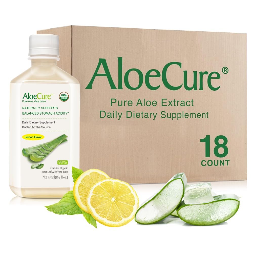 AloeCure USDA Organic Aloe Vera Juice Lemon Flavor - Made Within 12 Hours of Harvest - Natural Digestive Supplement for Balanced Stomach Acidity - Support Digestive and Immune Health, 18 Btls x 16.7oz
