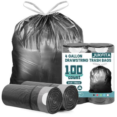 100 Count Small Trash Bags, JUKFITA 4 Gallon Trash Bags Drawstring, Black Small Garbage Bags for Bathroom Kitchen Office Bedroom, Unscented