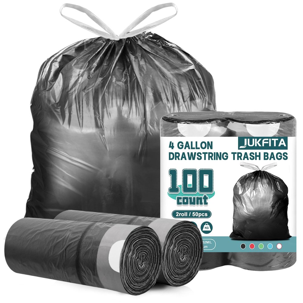 100 Count Small Trash Bags, JUKFITA 4 Gallon Trash Bags Drawstring, Black Small Garbage Bags for Bathroom Kitchen Office Bedroom, Unscented