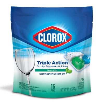 Clorox Triple Action Dishwasher Detergent Pacs, 16 Count Dishwashing Pacs, Fresh Scent