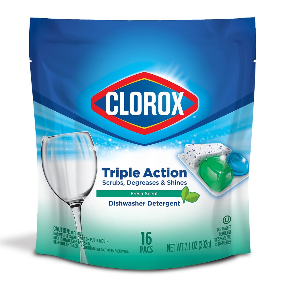 Clorox Triple Action Dishwasher Detergent Pacs, 16 Count Dishwashing Pacs, Fresh Scent
