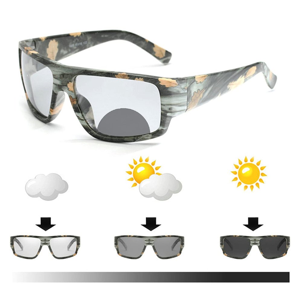 2021 Invisible outdoor Bifocal Photochromic Reading Glasses Transition Rectangular Men Women Sports Sunglasses Readers (Camouflage, 350)