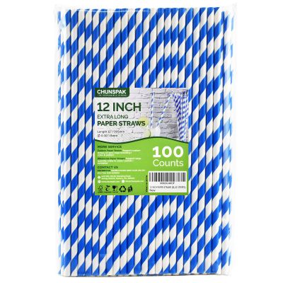 12 Inch Disposable Paper Drinking Straws Large and Tall, 8mm Wide - for Long Drinks, Smoothies, Milkshakes - Blue, 100 Counts - Eco-friendly
