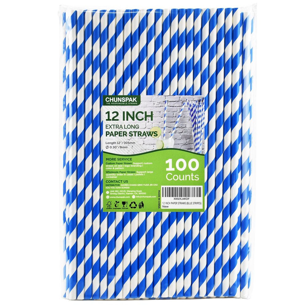 12 Inch Disposable Paper Drinking Straws Large and Tall, 8mm Wide - for Long Drinks, Smoothies, Milkshakes - Blue, 100 Counts - Eco-friendly