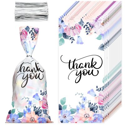 100 Pieces Floral Thank You Treat Bags Floral Cellophane Bags Blessing Candy Bag Flower Pattern Cello Treat Bags with 150 Pieces Silvery Twist Ties for Chocolate Candy Snacks Cookies Birthday Party