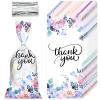 100 Pieces Floral Thank You Treat Bags Floral Cellophane Bags Blessing Candy Bag Flower Pattern Cello Treat Bags with 150 Pieces Silvery Twist Ties for Chocolate Candy Snacks Cookies Birthday Party view 1