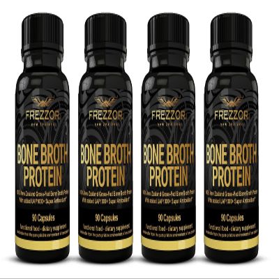FREZZOR Bone Broth Protein Capsules, 100% Grass-Fed New Zealand Cattle Source, Joint, Skin, Hair & Nail Support, Amino Acids, Anti-Aging, Pain Solution, 360 Capsules, 4 Count