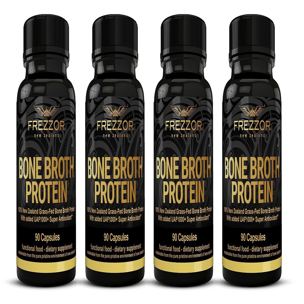 FREZZOR Bone Broth Protein Capsules, 100% Grass-Fed New Zealand Cattle Source, Joint, Skin, Hair & Nail Support, Amino Acids, Anti-Aging, Pain Solution, 360 Capsules, 4 Count