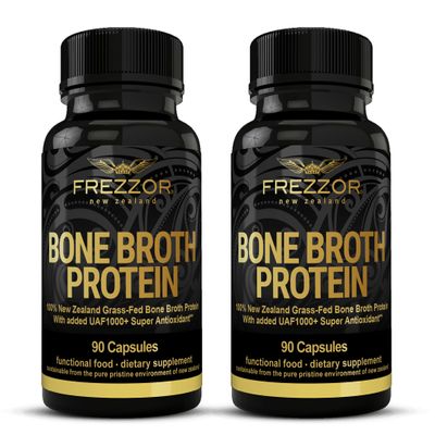 FREZZOR Bone Broth Protein Capsules, 100% Grass-Fed New Zealand Cattle Source, Joint, Skin, Hair & Nail Support, Amino Acids, 90 Capsules, 2 Count