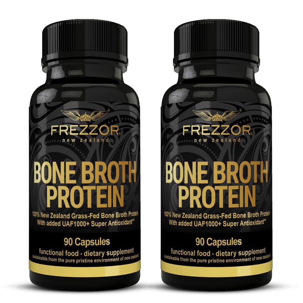 FREZZOR Bone Broth Protein Capsules, 100% Grass-Fed New Zealand Cattle Source, Joint, Skin, Hair & Nail Support, Amino Acids, 90 Capsules, 2 Count