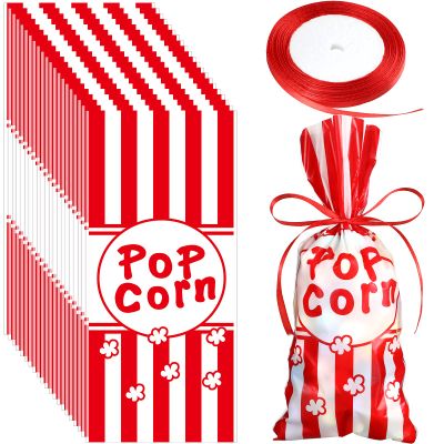 Outus 100 Pcs Popcorn Bags for Party Popcorn Treat Bags Red and White Stripe Carnival Candy Containers with a Roll of Red Ribbon for Circus Carnival Party Birthday Favor