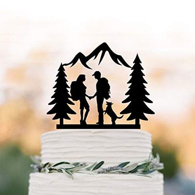 Cake Toppers Customized Name Hiking Couple Wedding Cake Topper with Dog Backpacking Bride and Groom Outdoor Wedding Mountain Wedding Cake Topper with Trees