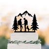 Cake Toppers Customized Name Hiking Couple Wedding Cake Topper with Dog Backpacking Bride and Groom Outdoor Wedding Mountain Wedding Cake Topper with Trees view 1