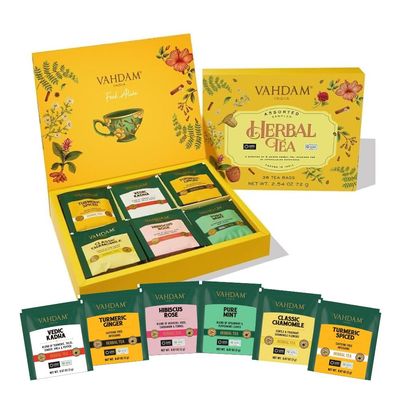 VAHDAM, Assorted Herbal Tea Variety Pack (6 Variants, 36 Tea Bags) Caffeine Free, Gluten Free, Non GMO | Eco Friendly Long Leaf Pyramid Tea Bags I Valentines Day Gift Set for Him & Her