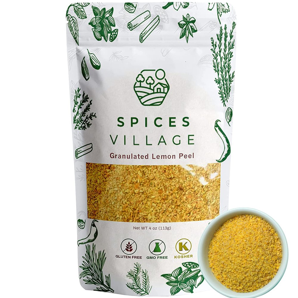 SPICES VILLAGE Dried Lemon Peel Granules, Lemon Zest Seasoning for Baking, (4 Oz), Citrus Fruit Seasoning for Cooking & Herb Tea - Kosher, Gluten Free, Non GMO, Resealable Bulk Bag
