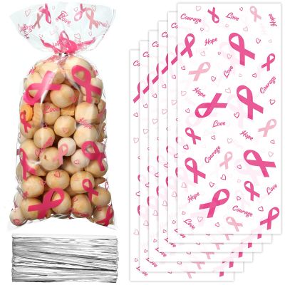 100 Pieces Breast Cancer Awareness Cellophane Treat Bags Pink Ribbon Gifts Accessories Bulk Pink out Hope Courage Love Goodie Bags with 100 Silver Twist Ties for Business Event Charity Party Supplies