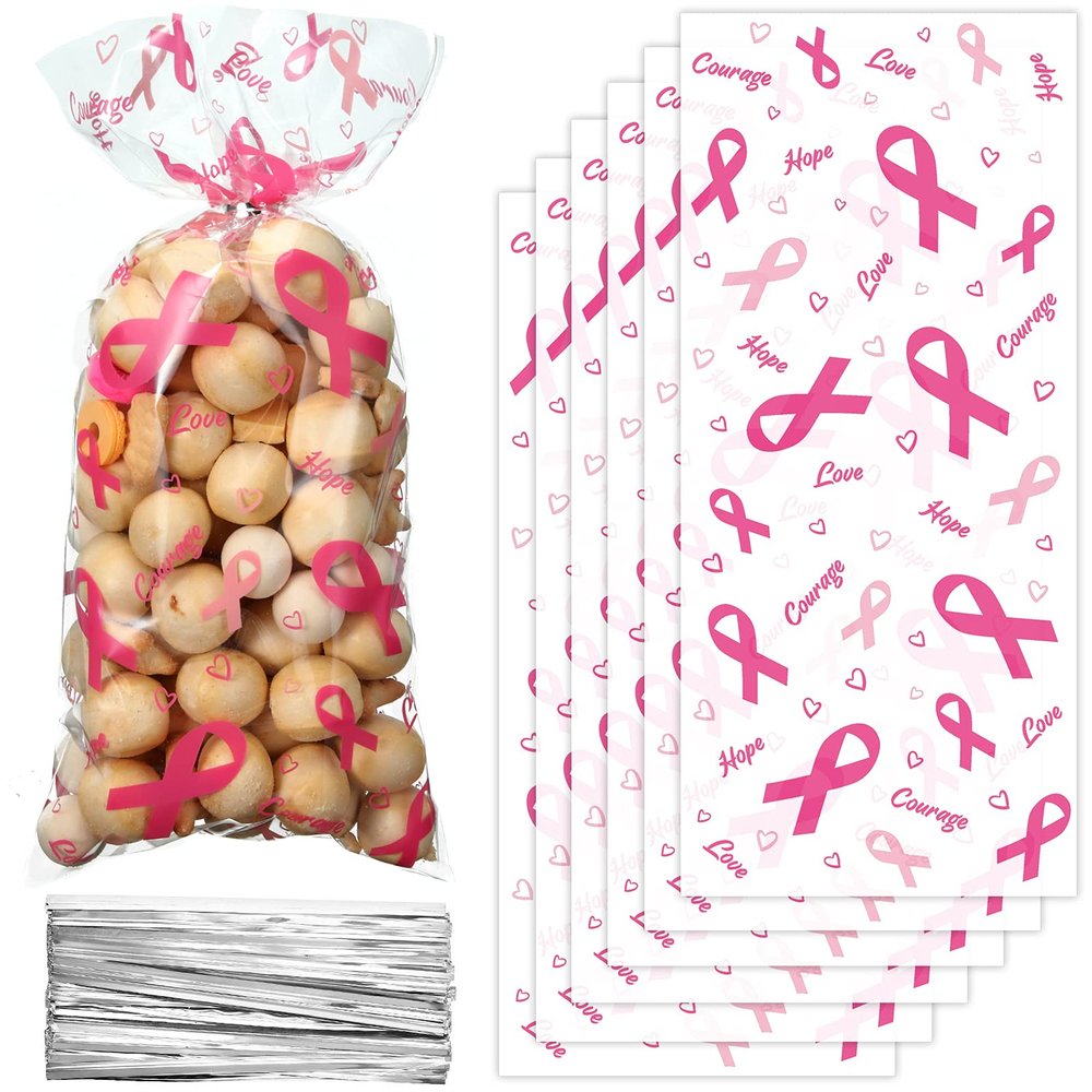 100 Pieces Breast Cancer Awareness Cellophane Treat Bags Pink Ribbon Gifts Accessories Bulk Pink out Hope Courage Love Goodie Bags with 100 Silver Twist Ties for Business Event Charity Party Supplies