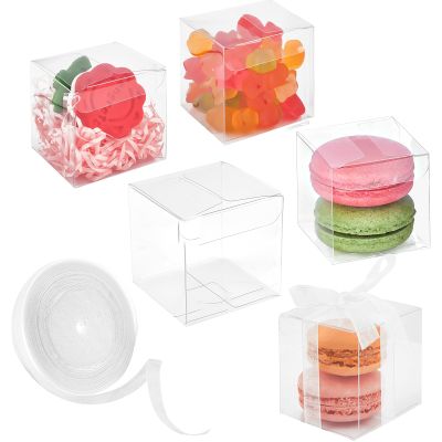 Jutieuo 100 Pack 2x2x2 Inches Clear Favor Boxes with Ribbons, Mini Transparent Cube Treat Boxes for Candy & Chocolate Bomb, Plastic Individual Macaron Packaging Box for 2