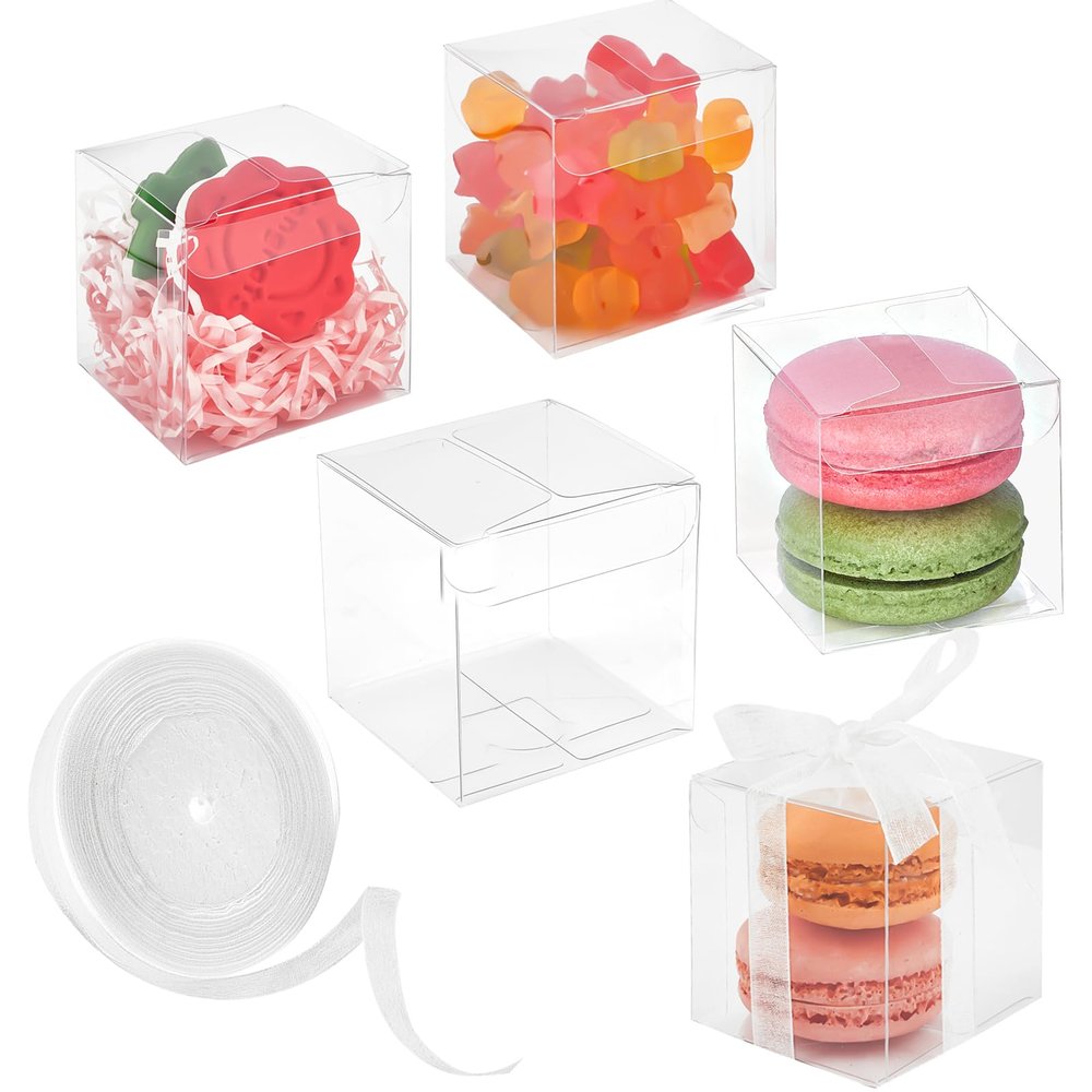 Jutieuo 100 Pack 2x2x2 Inches Clear Favor Boxes with Ribbons, Mini Transparent Cube Treat Boxes for Candy & Chocolate Bomb, Plastic Individual Macaron Packaging Box for 2