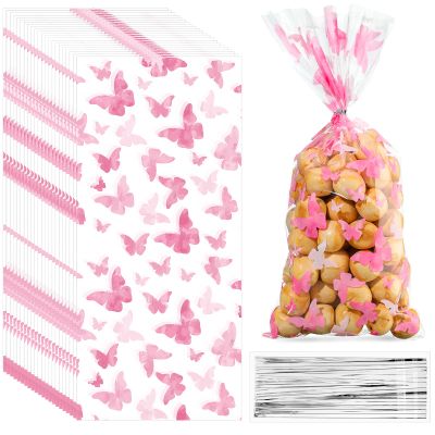 Zonon 100 Pieces Butterflies Cellophane Goody Bags Plastic Candy Treat Bags with 100 Pieces Silver Twist Ties for Butterfly Theme Baby Shower Birthday Party Dessert Decors(Pink)