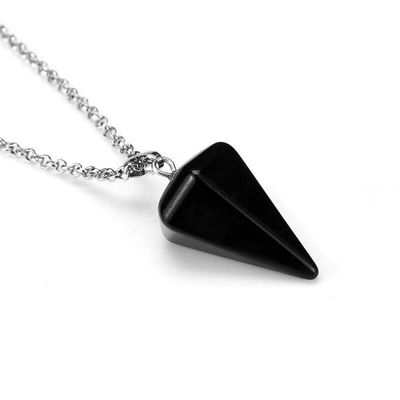 Natural Gem Stone Pyramid Pendulum Pendant Crystal Quartz Onyx Necklaces Suspension for Women Men-Black Agates Small