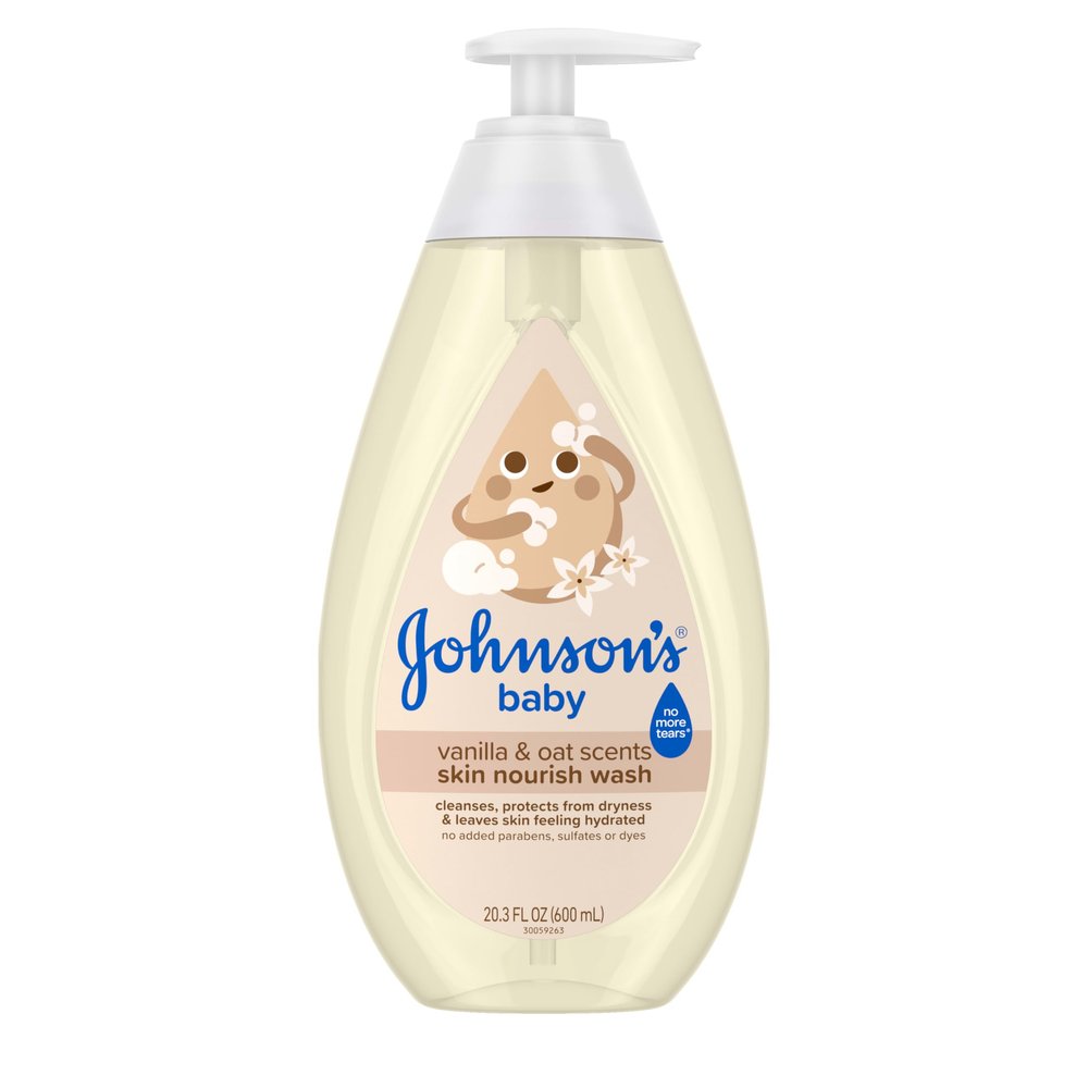 Johnson's Skin Nourishing Moisture Baby Wash, Vanilla & Oat Scents, Tear-Free, Hypoallergenic Baby Body Wash Cleanses, Protects from Dryness, & Leaves Skin Feeling Hydrated, 20.3 fl. oz
