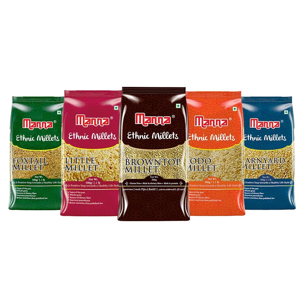 Manna Millets | Natural Grains | Browntop 500g, Little 500g, Kodo 500g, Foxtail 500g, Barnyard 500g | Low GI Rice | Nutrient Powerhouse, High Protein & More Fibre than Rice 500 g (Pack of 5) Browntop