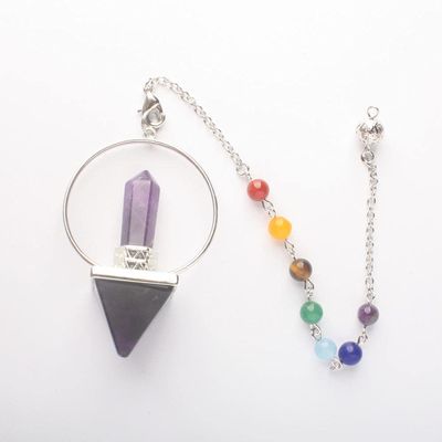Natural Amethysts Rose Quartzs Onyx Clear Crystal Faceted Cone Chain Dowsing Chakra Pendulum with Chain 1PCS-Amethyst
