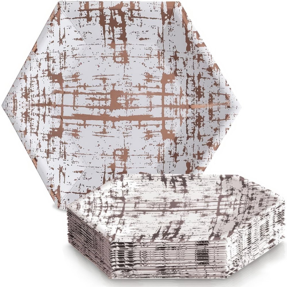 Elegant Disposable Dinnerware - Arctic Collection, Hexagon Dinner Plates, Rose Gold