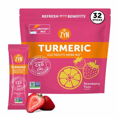 ZYN Electrolyte Drink Mix Hydration Packets, Strawberry Yuzu Electrolytes Powder, Hydration Packets w/Turmeric Curcumin, Vitamin C & D, Zinc, Hydrate & Recover Electrolyte Powder, Pack of 32