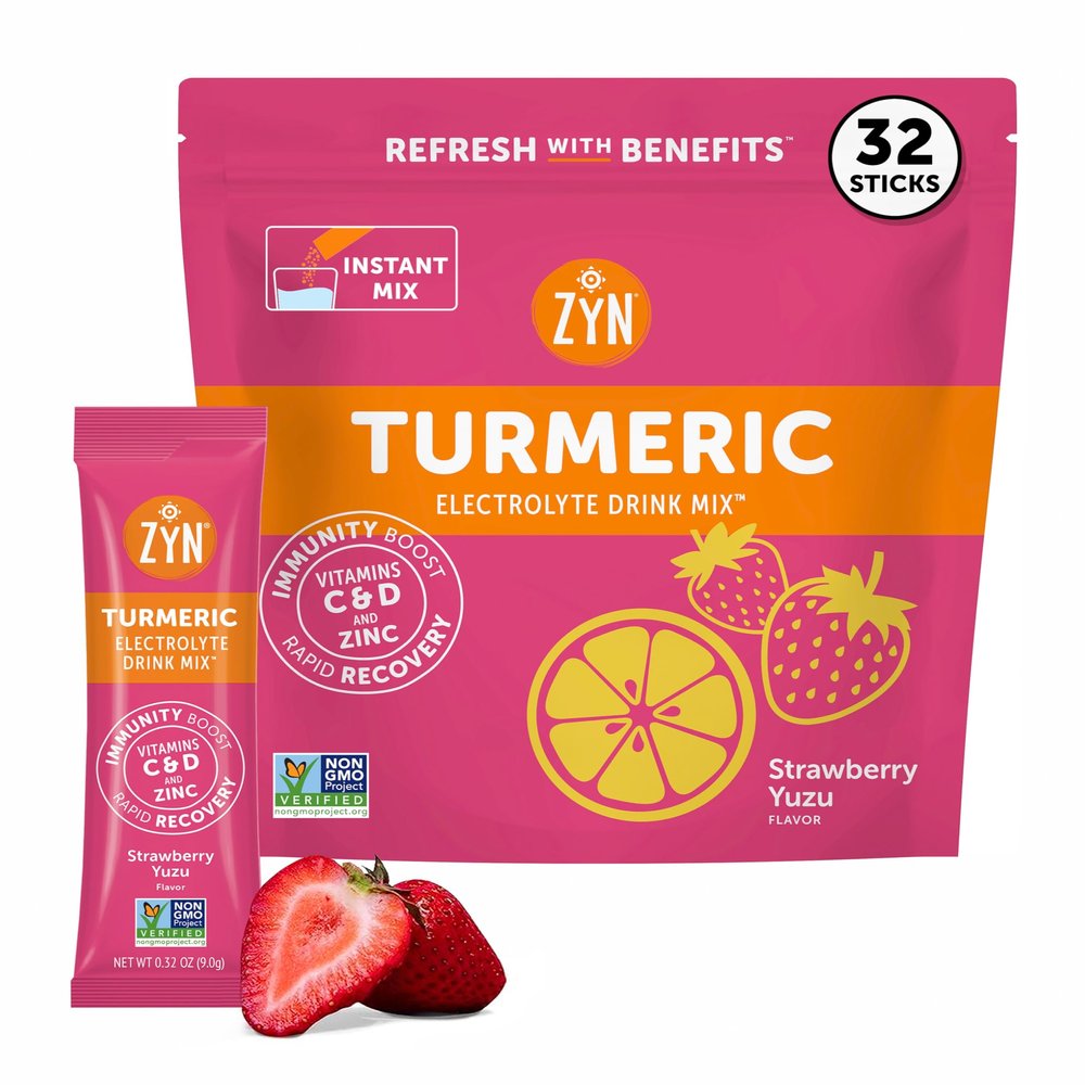 ZYN Electrolyte Drink Mix Hydration Packets, Strawberry Yuzu Electrolytes Powder, Hydration Packets w/Turmeric Curcumin, Vitamin C & D, Zinc, Hydrate & Recover Electrolyte Powder, Pack of 32