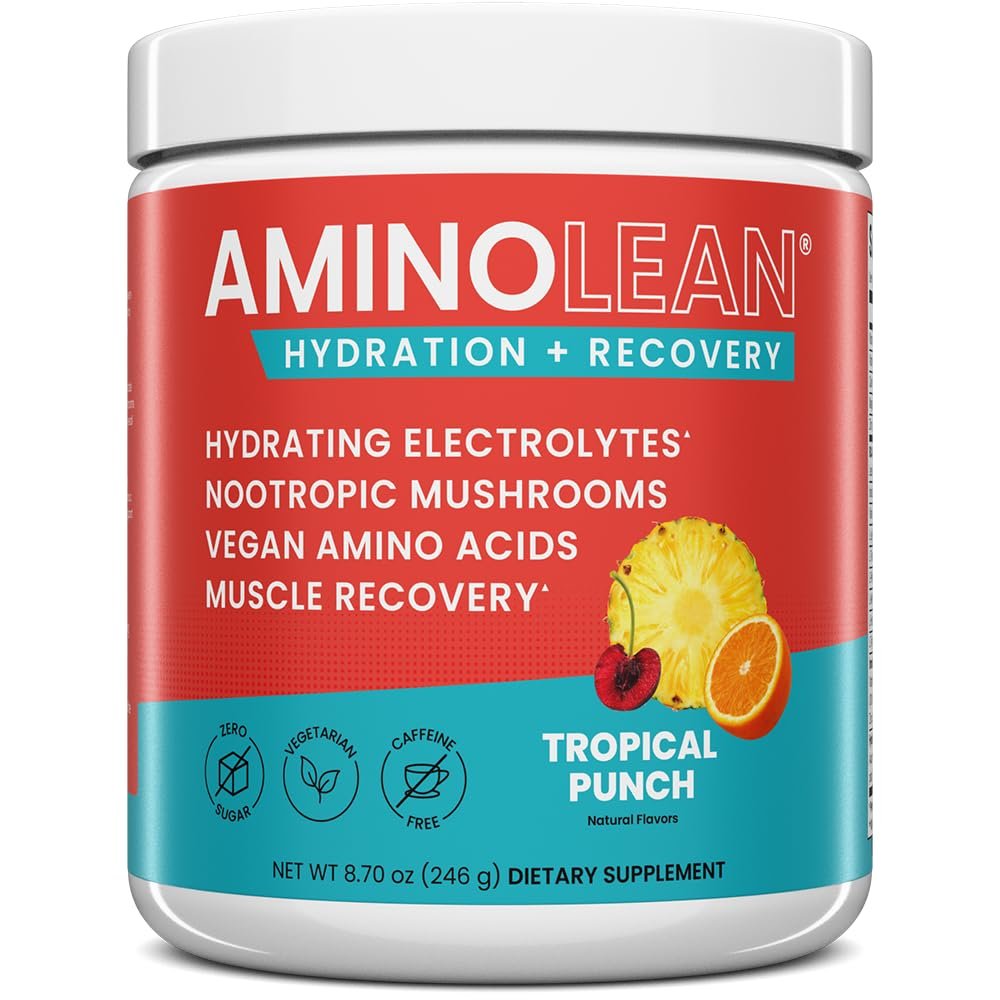 AminoLean Recovery + Hydration  Electrolytes Powder & BCAA Amino Acids for Instant Hydration & Post-Workout Recovery  Nootropic Mushrooms, Vegan Aminos, Zero Sugar, 30 Servings