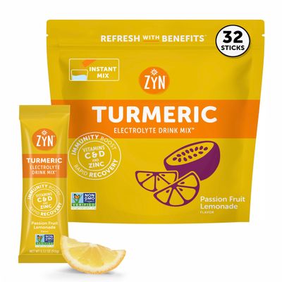 ZYN Electrolyte Drink Mix Hydration Packets, Passion Fruit Electrolytes Powder, Hydration Packets w/Turmeric Curcumin, Vitamin C & D, Zinc, Hydrate & Recover Electrolyte Powder, Pack of 32