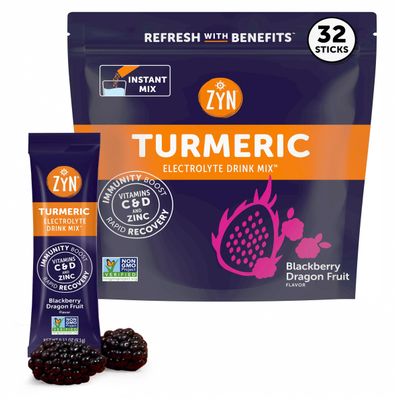 ZYN Electrolyte Drink Mix Hydration Packets, BlackBerry Dragonfruit Electrolytes Powder, Hydration Packets w/Turmeric Curcumin, Vitamin C & D, Zinc, Hydrate & Recover Electrolyte Powder, Pack of 32