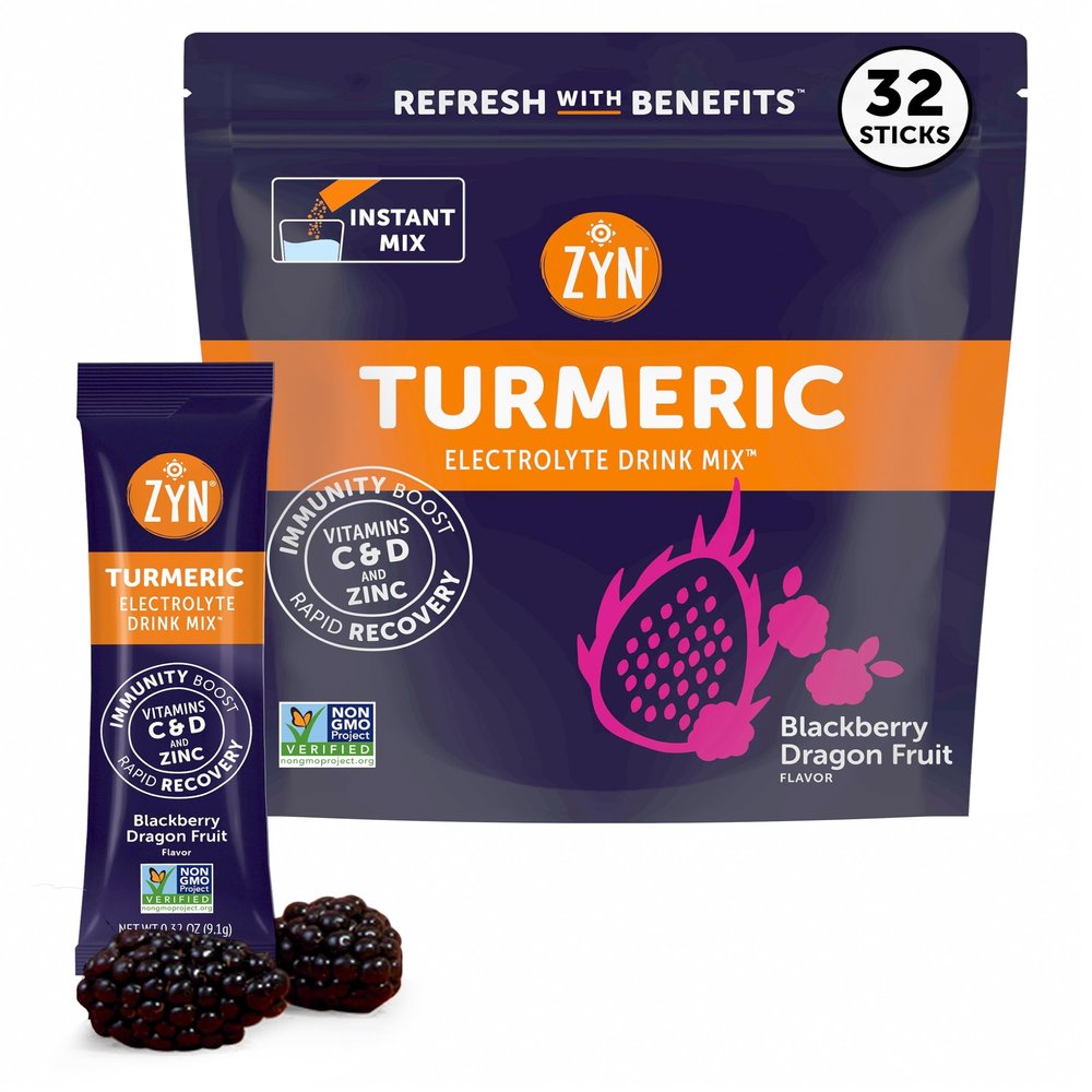 ZYN Electrolyte Drink Mix Hydration Packets, BlackBerry Dragonfruit Electrolytes Powder, Hydration Packets w/Turmeric Curcumin, Vitamin C & D, Zinc, Hydrate & Recover Electrolyte Powder, Pack of 32