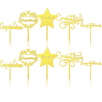 10 Pieces Congratulation Cake Toppers Gold Acrylic Cupake Toppers Cake Decorations for Graduation, Wedding, Job Promotion, Retirement Party, Proclamation of Pregnancy Party, 5 Styles